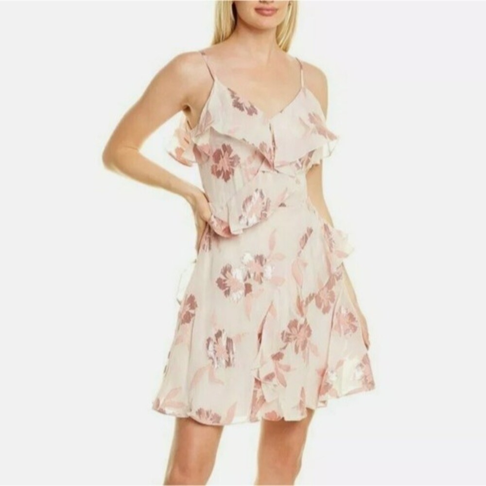 Rebecca Taylor Silk Blend Ruffle Metallic Floral Lined Strappy Summer Dress